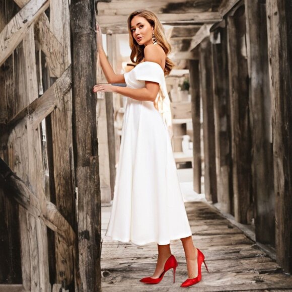 ELAGIA White Off Shoulder Midi Dress A-Line Skirt Maxi Open Back Bride Elegant - Picture 5 of 13